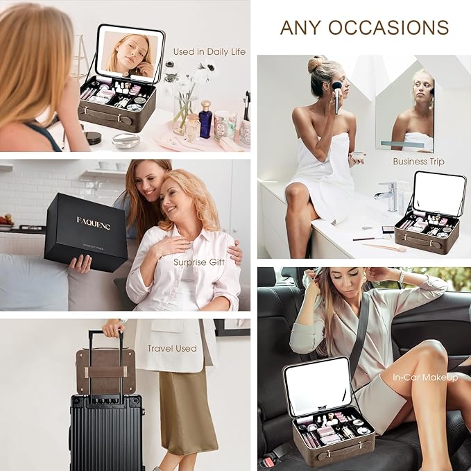 Faquenc Makeup Case with LED Lighted Mirror 11.4 Inch Travel Makeup Bag Adjustable Brightness in 3 Colors Cosmetic Organizer Artist Storage Bag with Dividers Brush Holder Bag Vanity Grey