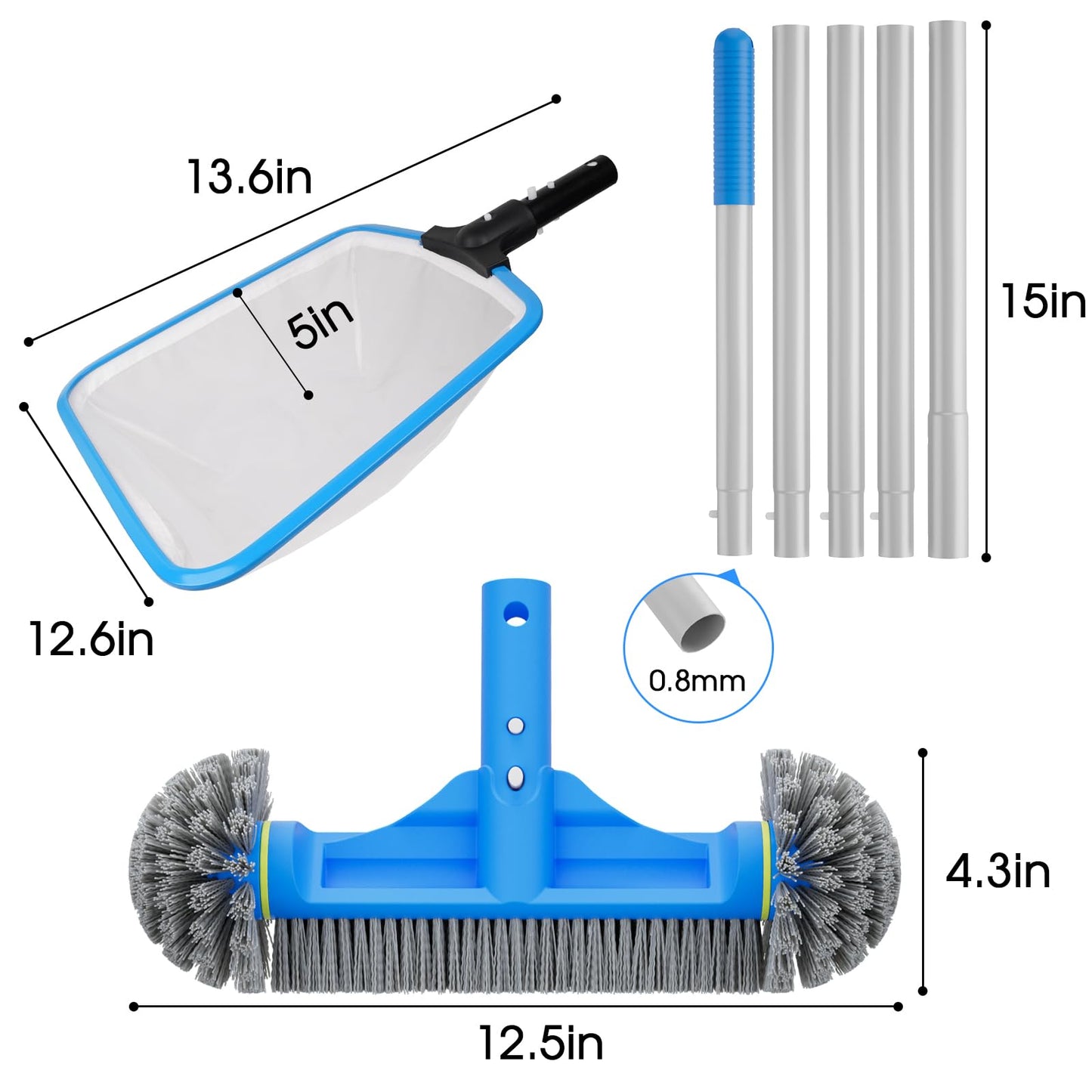 TidyMister 3PCS Cleaning Kit - 12.5'' Brush With Round End & 11'' Skimmer Net Fine Mesh & 5.7 Feet Thick Aluminum Pole 5-Segment, for Above Ground & Inground Pools Ponds