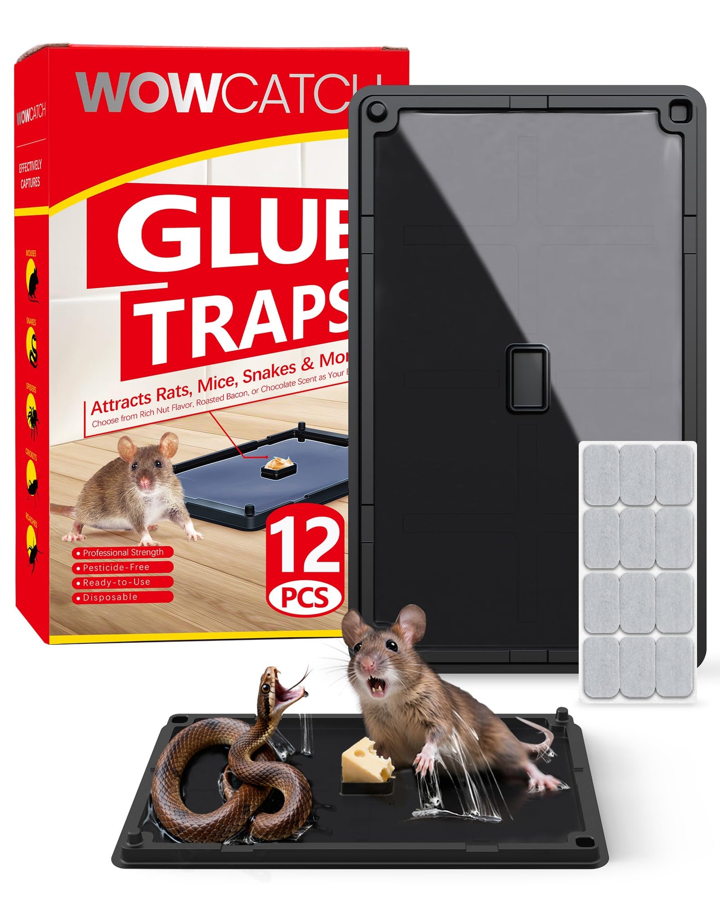Wowcatch Rat, Snake and Mouse Traps 12 PK, Large Bulk Sticky Glue Traps Indoor for Home Pre-baited, Pet Safe Rodent Catcher for Garage, Kitchen, Catches Roaches, Spiders, Lizard, Non-Toxic, Large