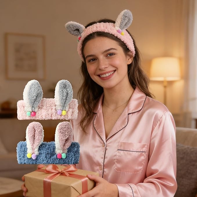 PERFECTSIGHT Kawaii Headband for Spa, Makeup, Washing Face, Party - 2 Pack Cute Hair Band for Shower Beauty Skincare, Soft Facial Headbands for Girls and Women (Pink+Blue Rabbit Ear)