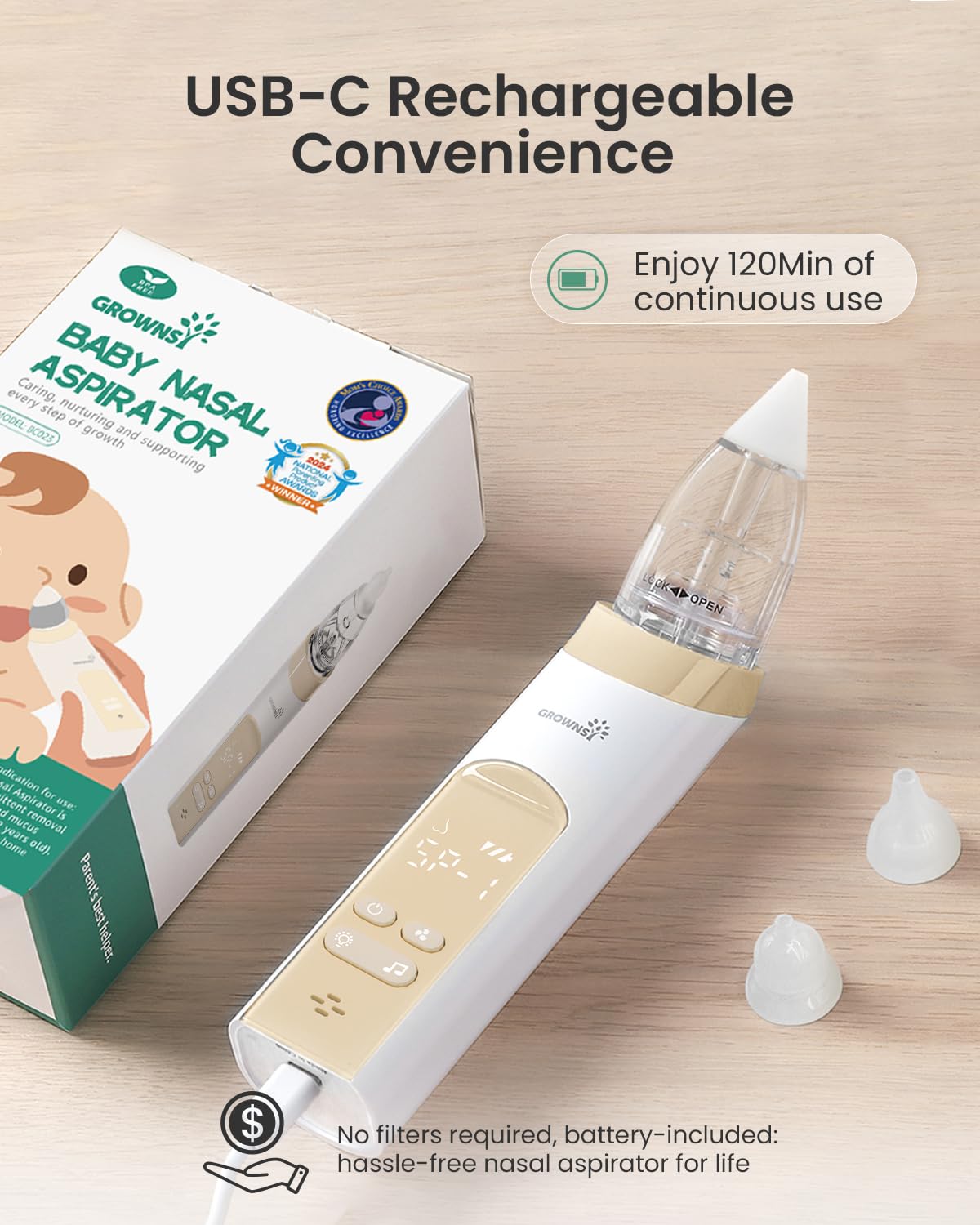 GROWNSY Nasal Aspirator for Baby, Electric Baby Nose Sucker, Automatic Nose Cleaner with Larger Suction Chamber and More Powerful Suction, Music and Light Soothing Function, Beige