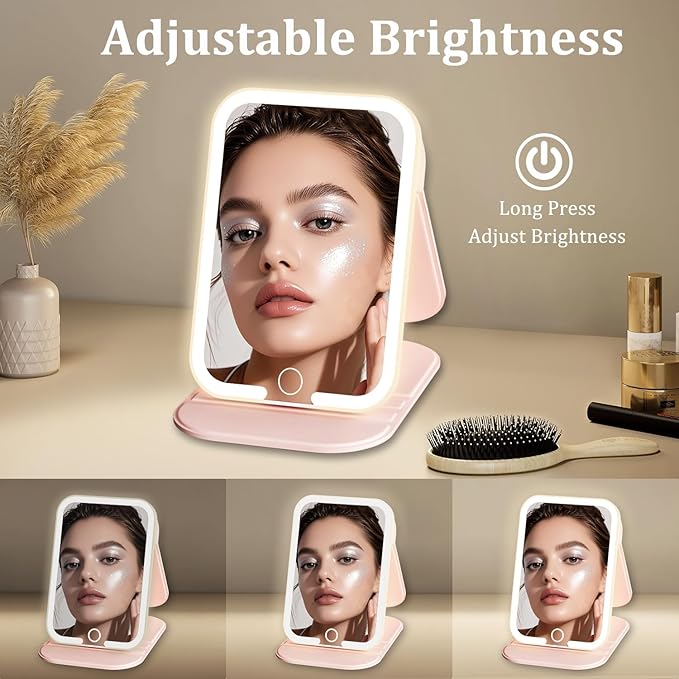 Rechargeable Travel Mirror with Light, LED Makeup Mirror with Lights, Portable Vanity Mirror with 3 Color Lighting, Touch Dimmable Lighted Cosmetic Mirror, Travel Essentials for Women (Pink)