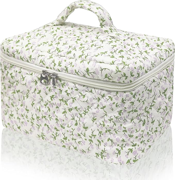 Gosect 1pc Large Makeup Bag, Cute Cosmetic Bag for Women Girls, Floral Coquette Aesthetic Toiletry Bag, Travel Make Up Organizer Bag (Purple Floral Print