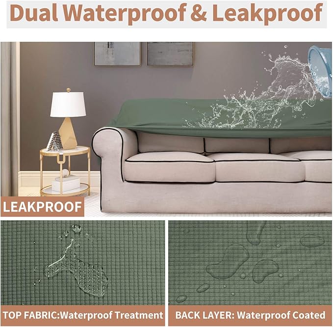Easy-Going 100% Waterproof Oversized Loveseat Couch Cover, Dual Waterproof Sofa Cover, Stretch Jacquard Sofa Slipcover, Leakproof Furniture Protector for Kids, Pets, Grayish Green