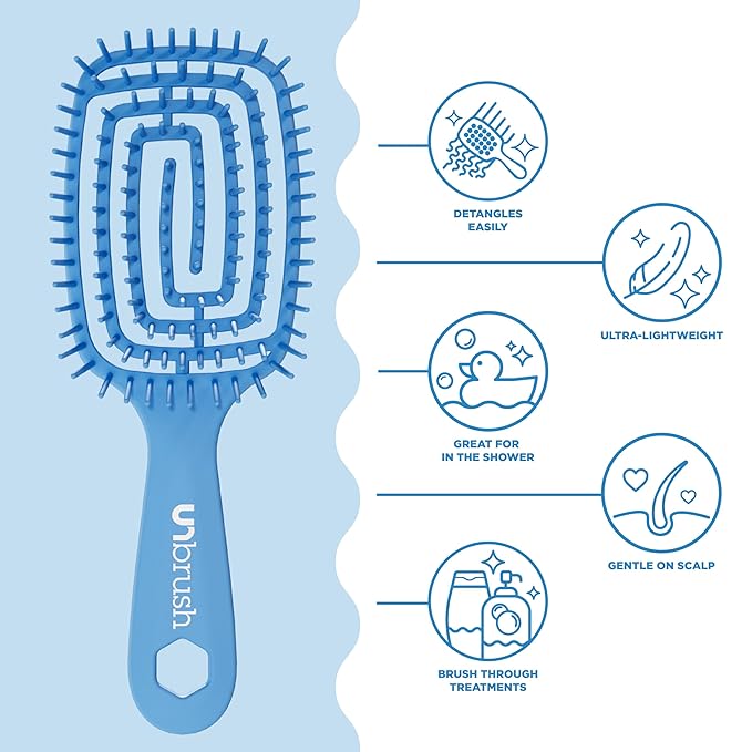 FHI Heat UNbrush Flex Detangling Brush — Ultra-Flexible, Pain-Free Hair Brush Detangler with DuoFlex Anti-Static Bristles for Removing Tangles, Massaging Scalp & Faster Styling - Blue