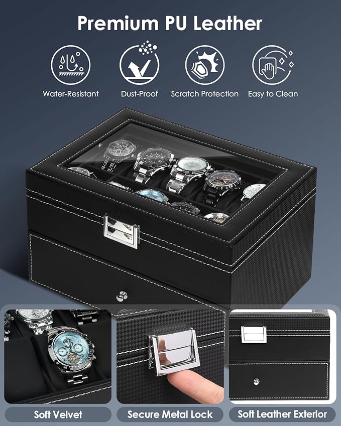 Watch Case for Men, 20-Slot 2-Layer Watch Box with Large Glass Lid, Watch Storage Organizer with Removable Watch Pillows, Men's Jewelry Box with Lock, Watch Holder Display Case, Gift for Men Women