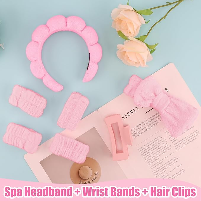 Canitor Spa Headband Wrist Bands Hair Clips Set Skincare Makeup Self Skin Care for Women Washing Face Teens Teenager Tween Clean Girl Gifts Cute Trendy Stuff Things Pink Stocking Stuffers