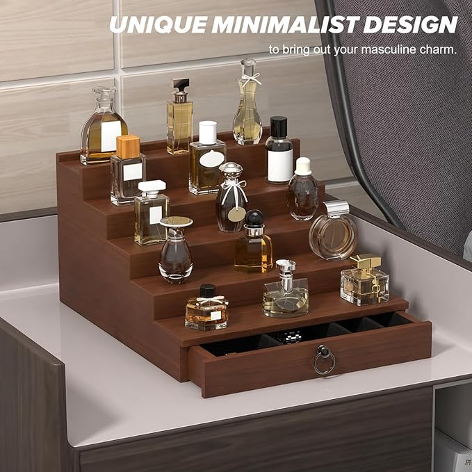 upcessory Cologne Organizer for Men, 5 Tier Black Wood Perfume Organizer with Felt Lining Drawer and Hidden Compartment, Perfume Display Holder, A Gift for Men