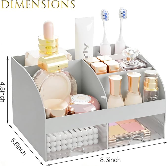 Makeup Organizer with 2 Drawers, Cosmetic Storage for Dresser Vanity and Bathroom Countertop,Make up organization and Skincare Storage with Beauty Brush Holder, Cosmetic Display Case (Grey)