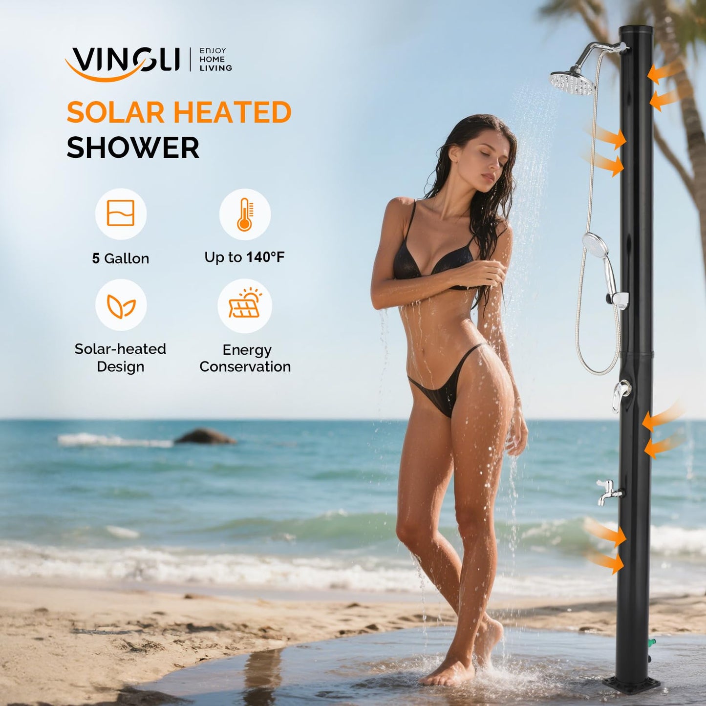 VINGLI 5 Gallon Solar Heated Outdoor Shower, 7.2 FT Height, Freestanding Outside Shower with 360° Swivel Shower Head & Foot Faucet, Hot & Cold Water Adjustment, Black