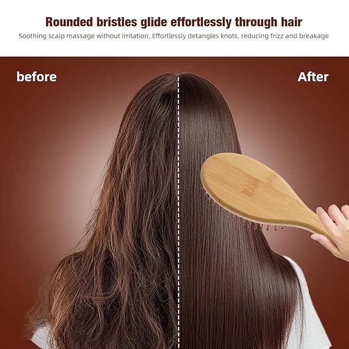 6-Pcs Bamboo Hair Brush Set-Detangling, Scalp Massage for Hair Growth, Wet/Dry Brush for Men, Women & Kids - for Thick, Curly, Thin, Long or Short - Paddle Wooden Hairbrush for Home, Travel Use
