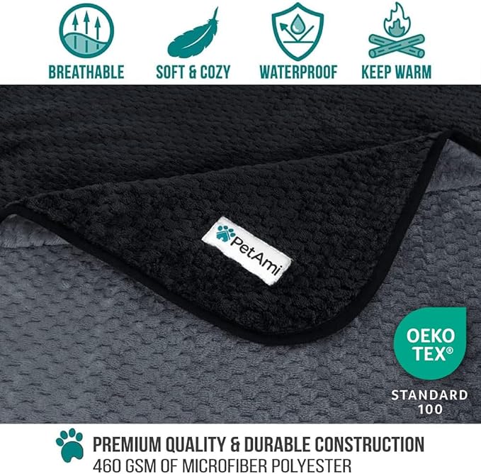 PetAmi Waterproof Dog Blanket, Leakproof Puppy Blanket for Small Medium Dogs, Furniture Sofa Couch Cover Protector, Fleece Pet Throw Indoor Cat Kitten, Reversible Washable Soft Plush, 29x40 Black Gray