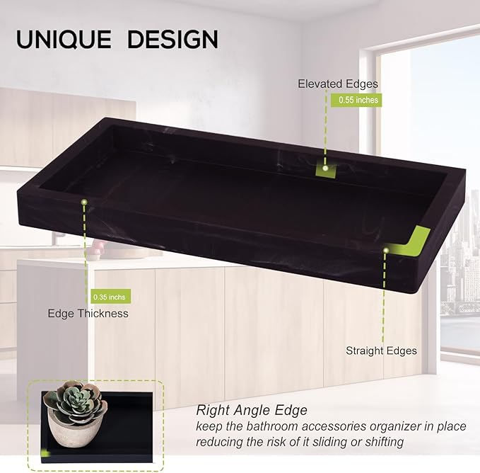 Bathroom Trays for Counter, Slicone Vanity Trays for Bathroom, Rectangle Sponge Holder for Kitchen Sink - Marble Black