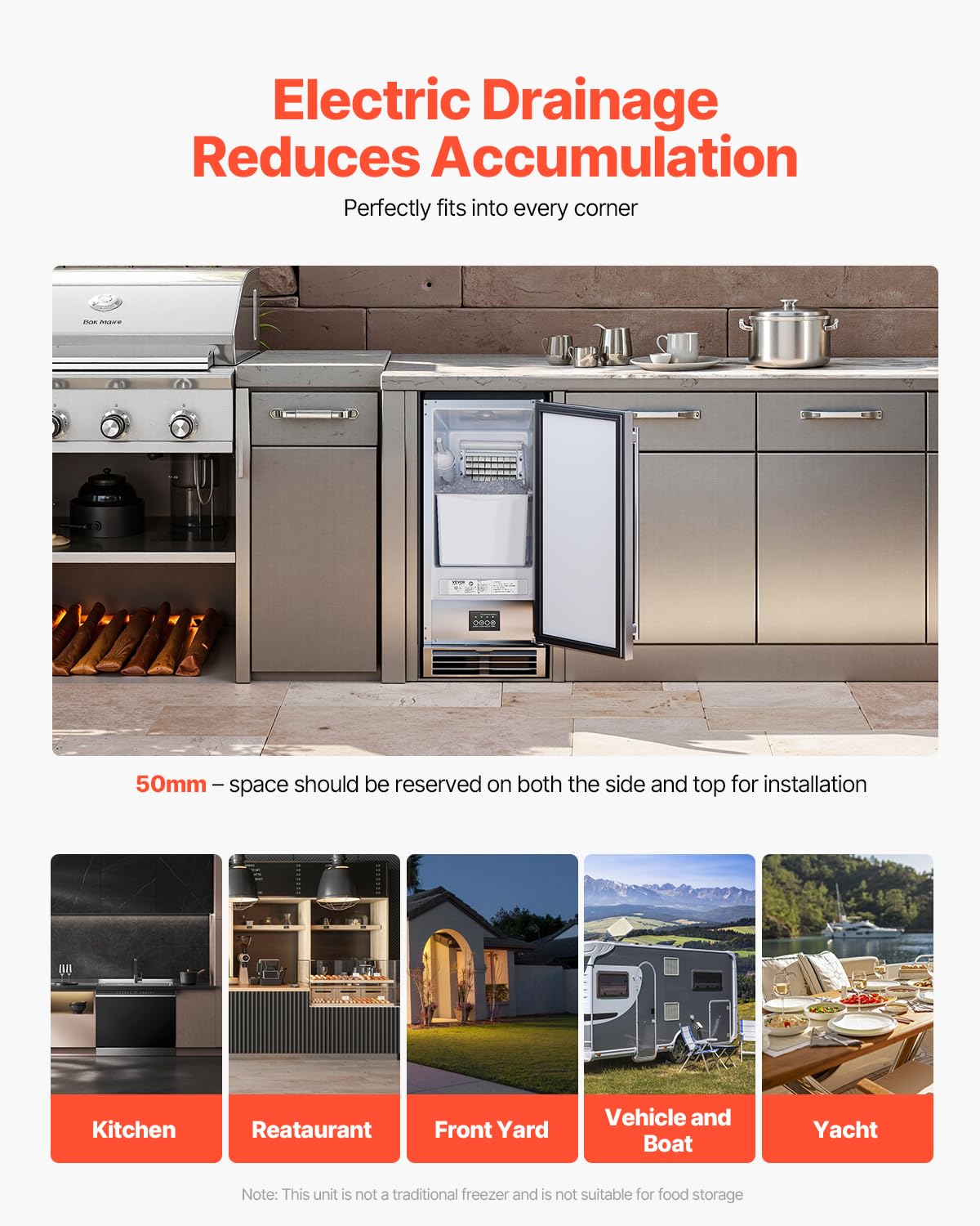VEVOR Under Counter Ice Maker Machine, 50 Lbs/Day Built in Undercounter Ice Maker with Reversible Door, Stainless Steel, Freestanding Ice Make for Restaurant, Outdoor Kitchen, Terrace, Pool
