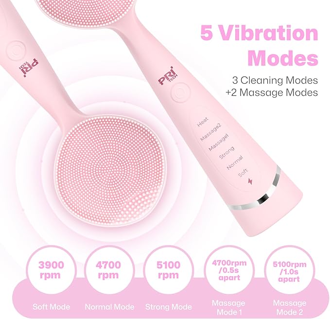PRITECH Facial Cleansing Brush with 42ÃÂ° ConstantÃ¢ÂÂTemperature Heating Ã¢ÂÂ Rechargeable Silicone Face Scrubber for Deep Pore Cleaning, Waterproof Vibrating Exfoliator for Women & Men (Pink)