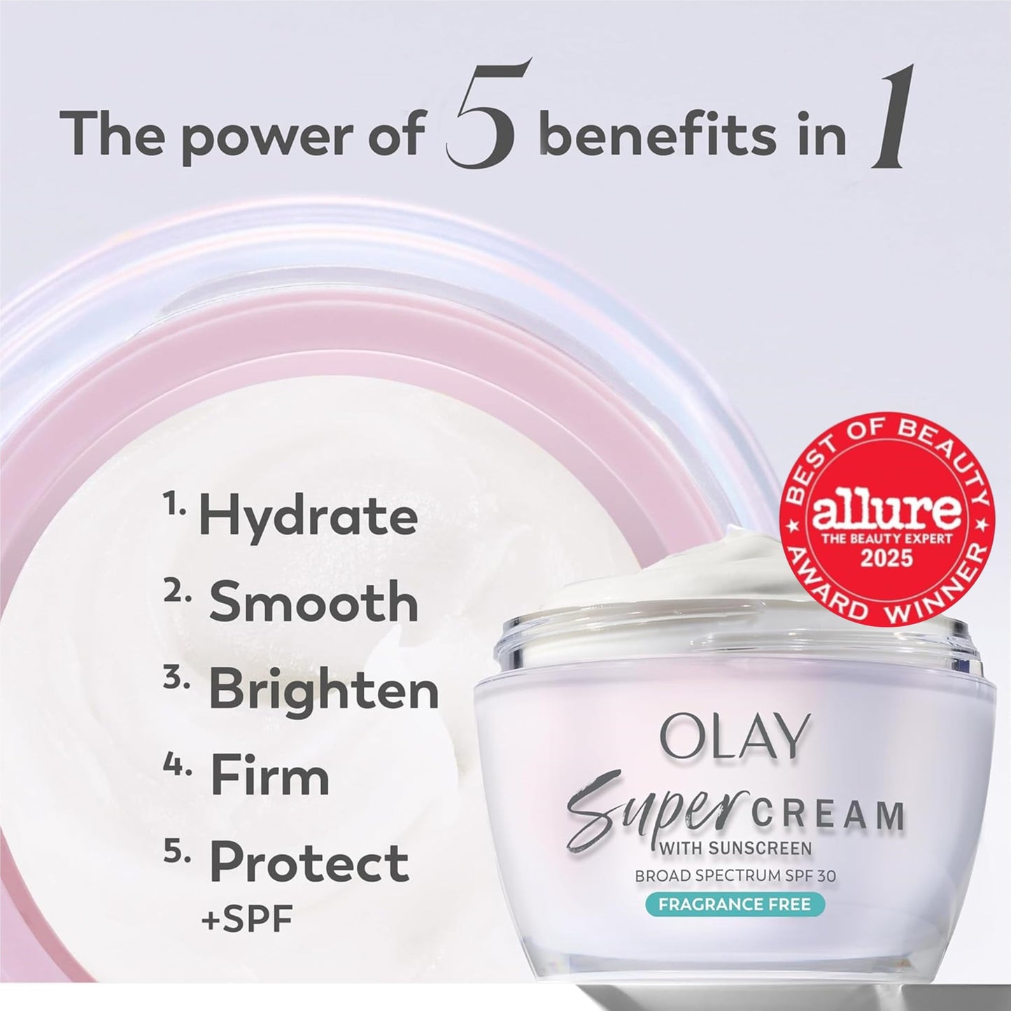 Olay Super Cream with Sunscreen SPF 30, Fragrance Free Lightweight Face Moisturizer with Sun Protection, 5-in-1 Skin Care - Hydrating, Brightening - Niacinamide, Vitamin C, Collagen, 1.7 oz