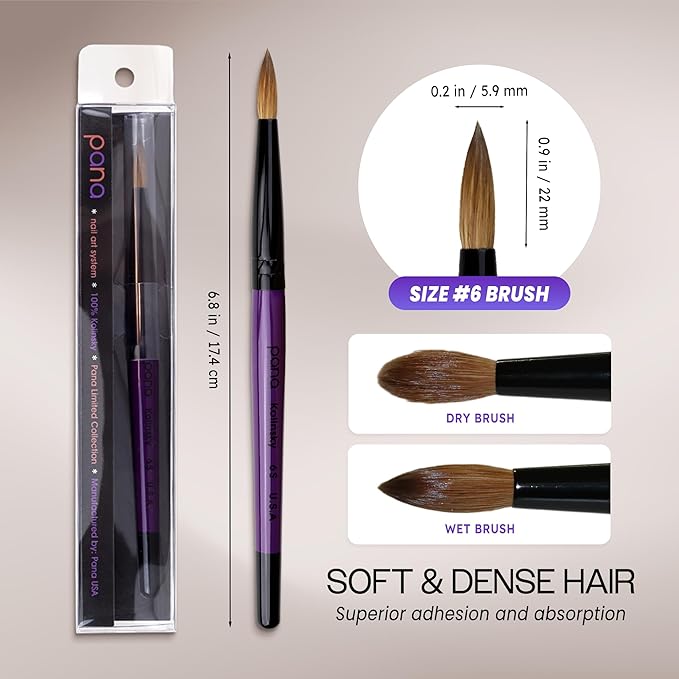 PANA Pure Kolinsky Hair Acrylic Nail Brush - Round Shape Black Ferrule with Purple Wood Handle (Size 6)