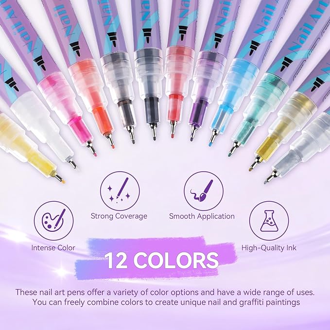 12 Colors Nail Art Pens Set, 2026 New Nail Art Markers for Gel Nails, DIY Nail Art Pens for Painting Nails, Quick-drying Nail for DIY Nails Art Design Manicure Tools TA640-12