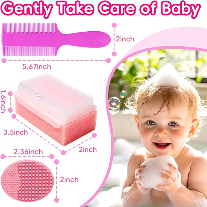 Cradle Cap Brush for Babies, Set of 5 Baby Bath Essentials with Bath Sponge Silicone Scrubber Long Handle Comb for Newborns Toddlers Boys Girls (Pink)