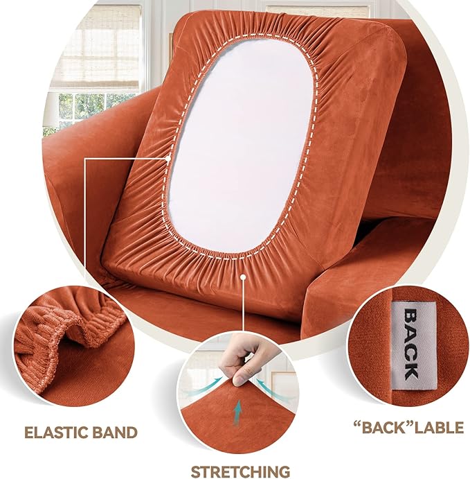WEERRW 4 Pieces Velvet High Stretch Couch Covers for 3 Cushion Couch Sofa Slipcovers, Washable Furniture Protector with Non Slip Elastic Bottom, Feature Soft and Thick Plush Fabric, Pumpkin, Large