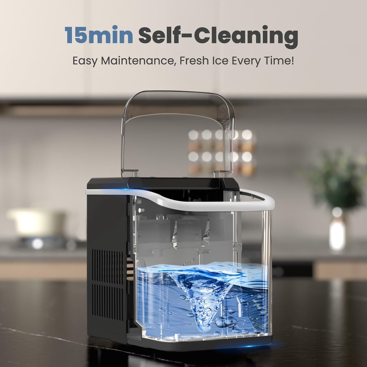 Dumos Nugget Ice Makers,Portable Ice Machine Countertop Ready in 6 Mins, 1.55L Water Tank, Self-Cleaning, for Office, Party, RV, Home, Black