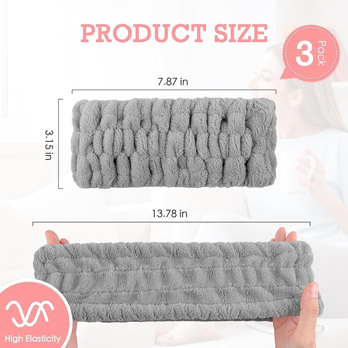 3PCS Spa Headband for Women – Soft Terry Cloth Hairband for Facial Makeup, Face Washing, Masking, Showering, and Spa Treatments (Multiple colors)