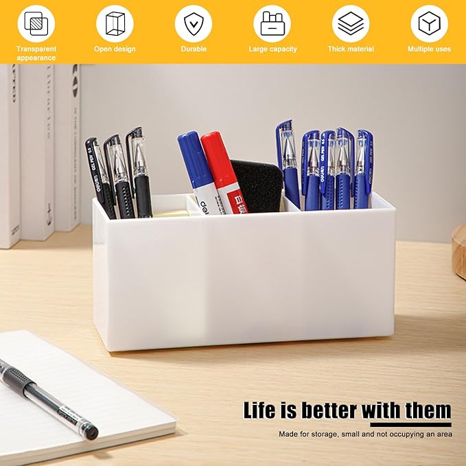 White Makeup Brush Organizer,Acrylic Cosmetic Brushes Storage Holder with 3 Slots,Pencil Pen Holder for Desk,Desk Organizer and Accessories for Vanity