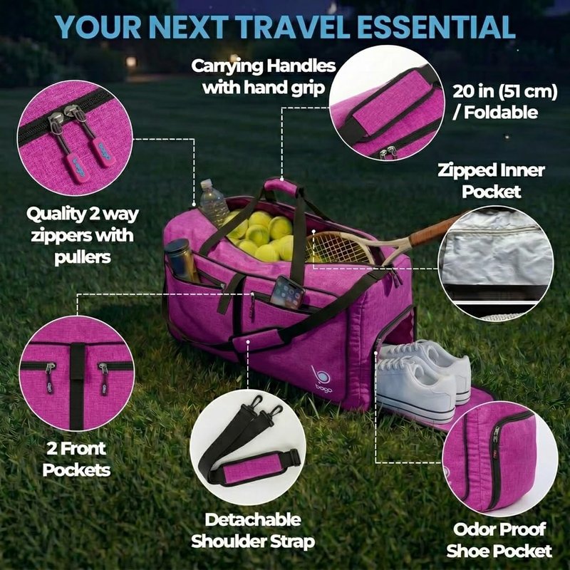 Bago Compact Duffle Bag for Travel Women & Men. Durable Lightweight Foldable Travel Duffel Bags For Traveling Women. 40L Duffle Bags a Reliable Weekender duffel or Overnight Bag With Shoe Compartment