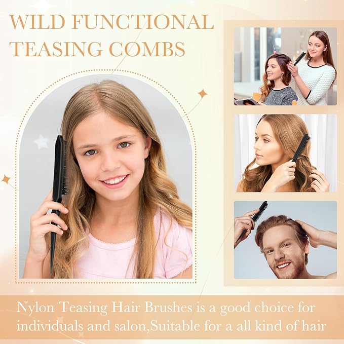 Yaomiao 6 Pcs Teasing Brush for Fine Hair Nylon Rat Tail Brush Set Women Three Row Salon Teasing Set for Back Combing, Root Hair Scalp Massage(Black)