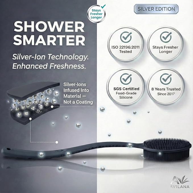 Avilana Silver Edition Back Scrubber Long Handle 19 Inch - Trusted Since 2017 - SGS Certified Silicone Bath Brush, Dual Sided Exfoliating Body Brush Extended Reach Back Washer Women Men Seniors Gift