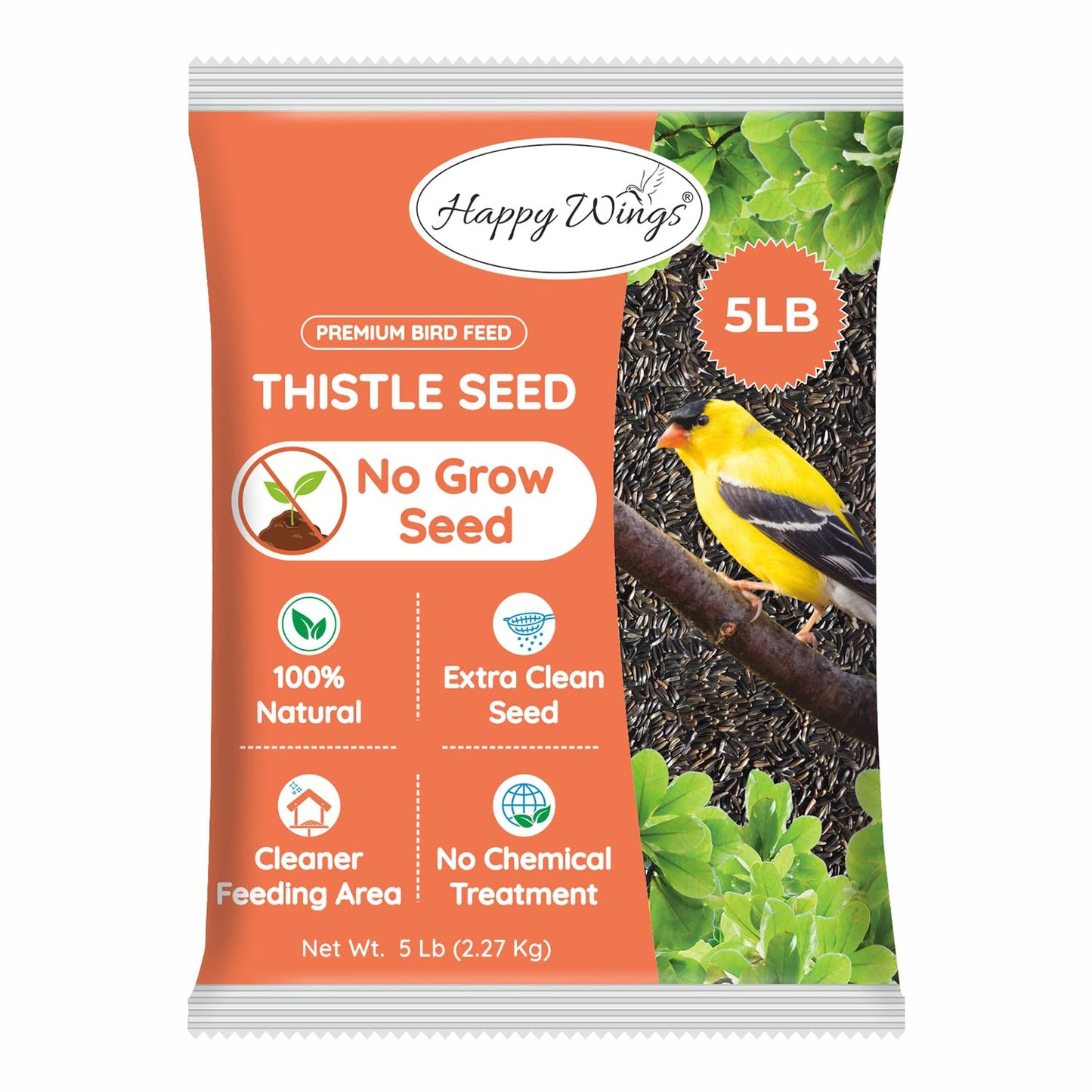 Happy Wings Nyjer/Thistle Seeds Wild Bird Food - 5 Pounds I No Grow Seed I Bird Seed for Wild Birds