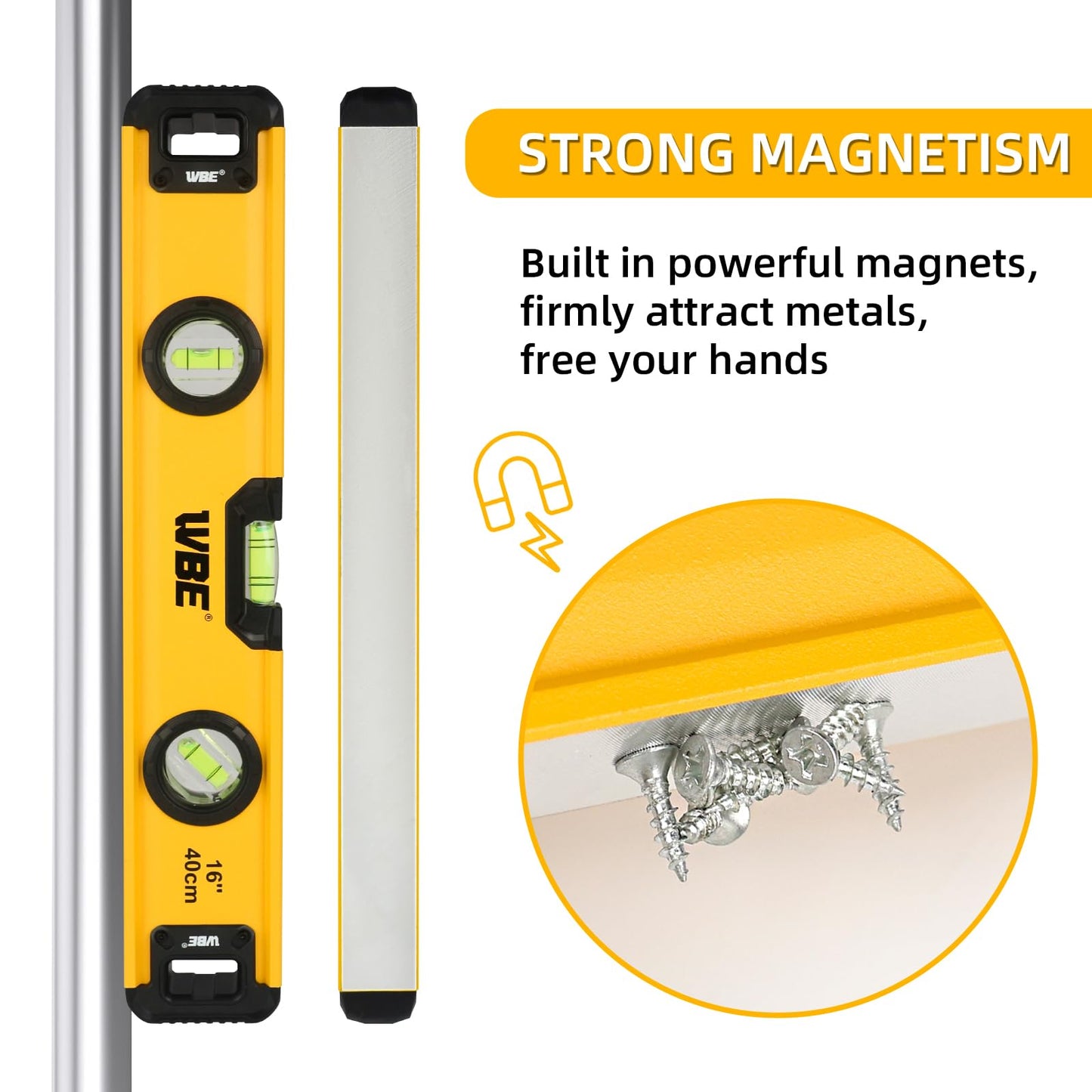 WBE 16-Inch Magnetic Torpedo Level with 45°/90°/180° Bubbles, Aluminum Alloy Body, Heavy Duty Level,Precision-Machined Base,Shockproof Rubber End Caps,Hanging Hole for Construction,Carpentry(1 PACK)