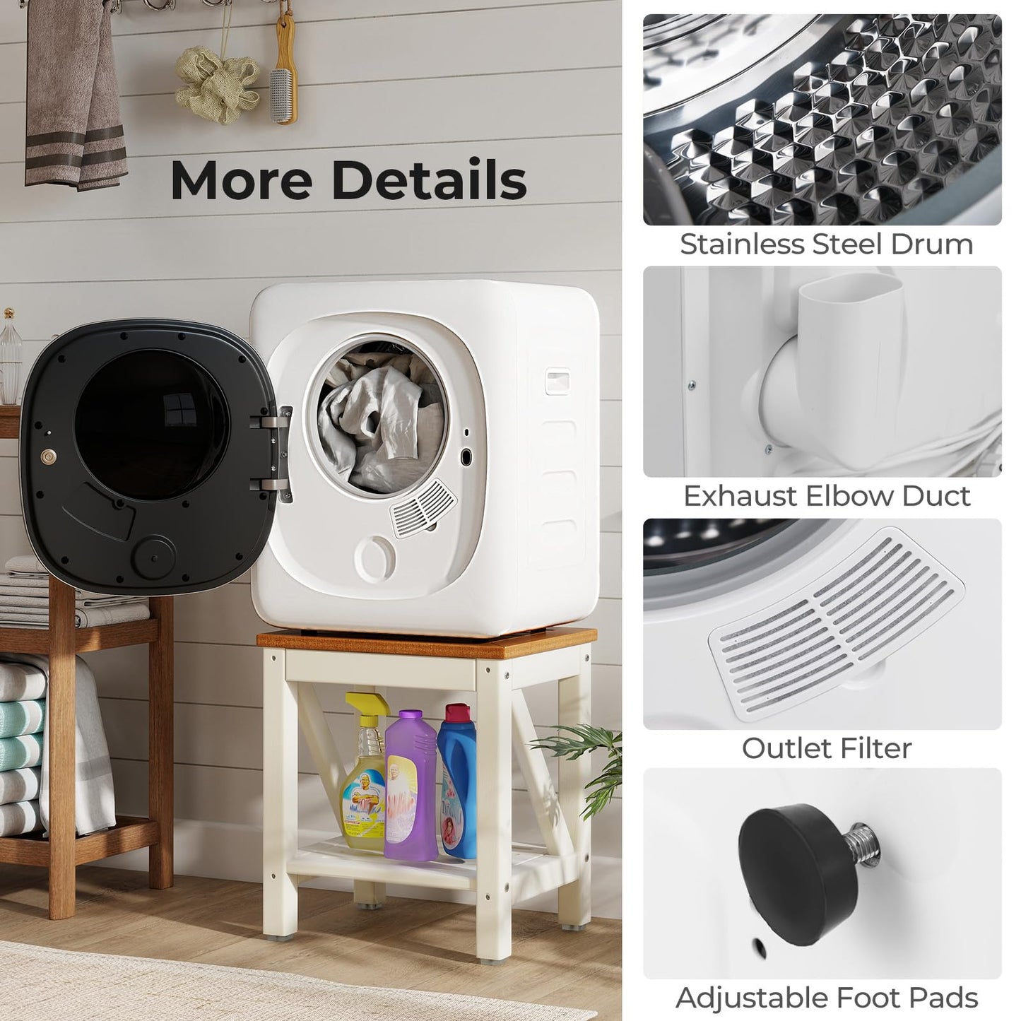 COSTWAY Portable Clothes Dryer, 1.5 cu.ft Compact Drying Machine with Stainless Steel Tub, 800W Electric Laundry Dryer with 5 Modes, Small Vented Tumble Dryer for Apartment, Home, Dorm & RV, White