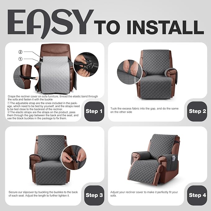 KinCam 100% Waterproof Recliner Chair Cover, Reclining Couch Covers for Pets, Dogs, Recliner Couch Slipcover Furniture Protector with Elastic Straps for Kids(25", Charcoal Gray)