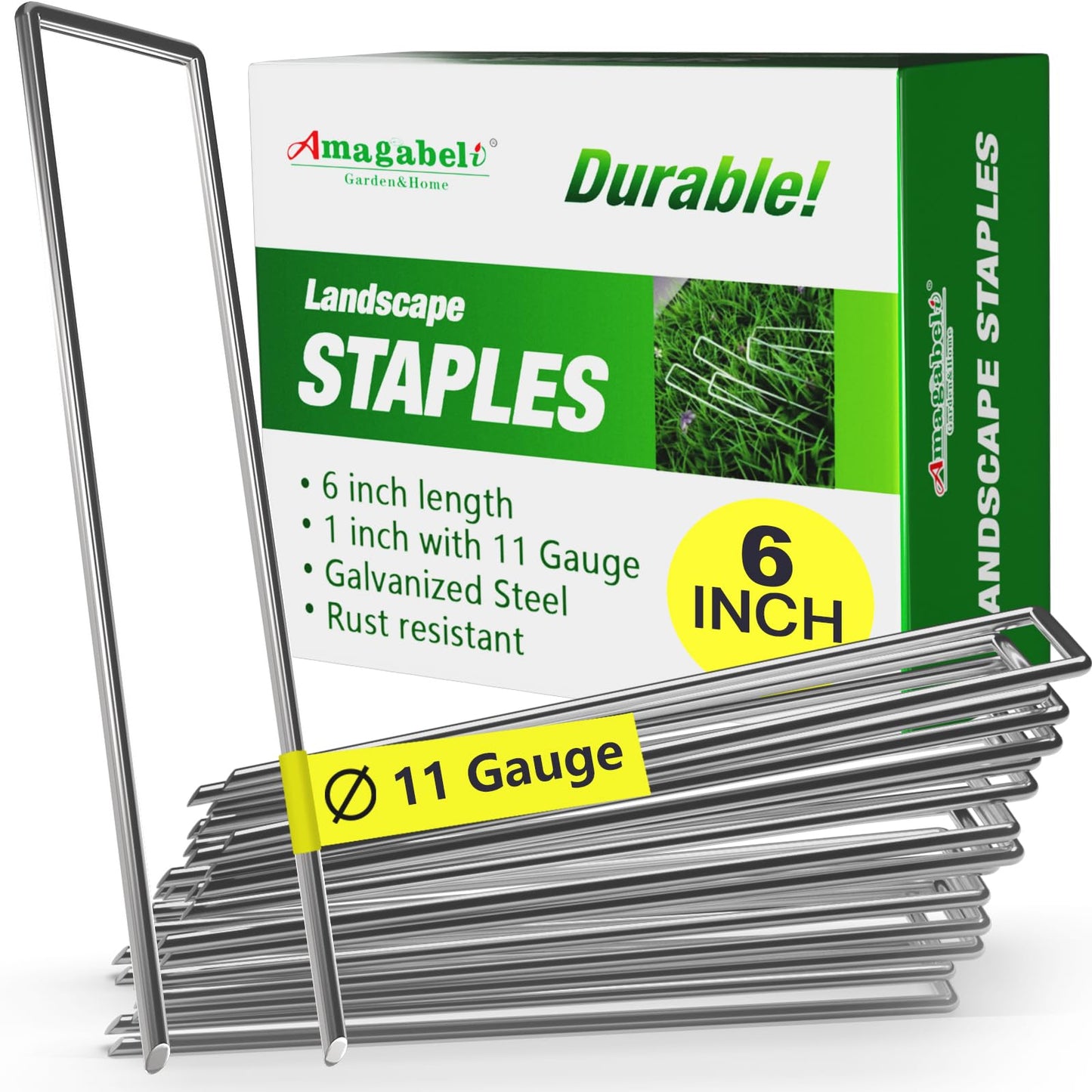 AMAGABELI 6 Inch 100 Pack Galvanized Landscape Staples 11 Gauge Anti-Rust Heavy Duty Garden Stakes Plant Cover Spikes U-Shaped Sod Pins Fence Stakes for Weed Barrier,Irrigation Tubing,Lawns,Decoration