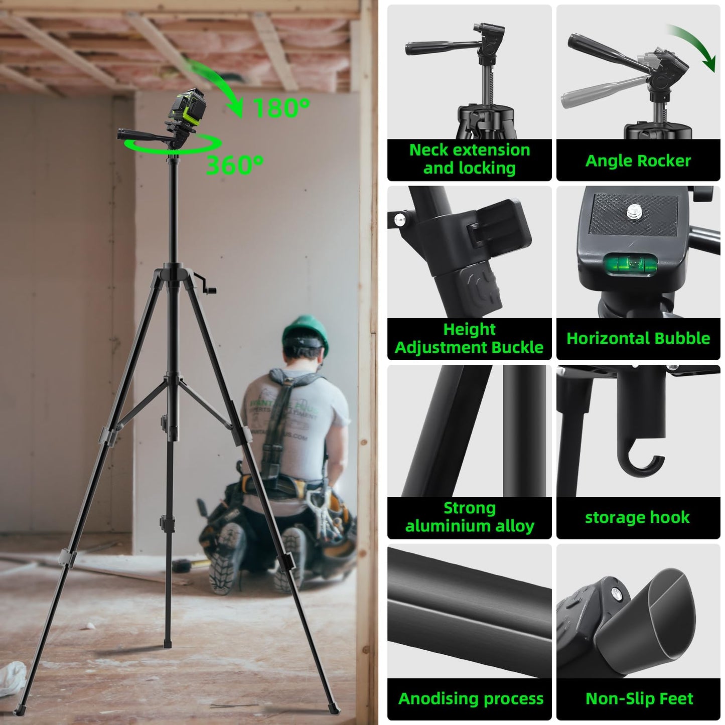16 Line Laser Level with Tripod,4x360° Self Leveling Laser Level with 2 Batteries,4D Laser Level 360 Self Leveling,Green Line laser Level Tool for Construction,Picture Hanging,Home Renovation