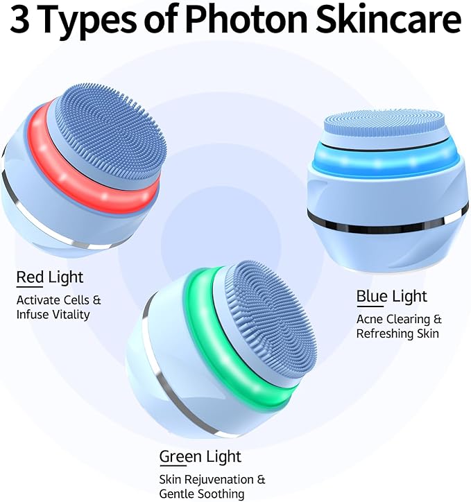 Face Scrubber, Waterproof Silicone Facial Cleansing Brush 6 Modes, 3 Light Effect, Rechargeable Electric Exfoliator Deep-Clean Scrubber for Women and Men