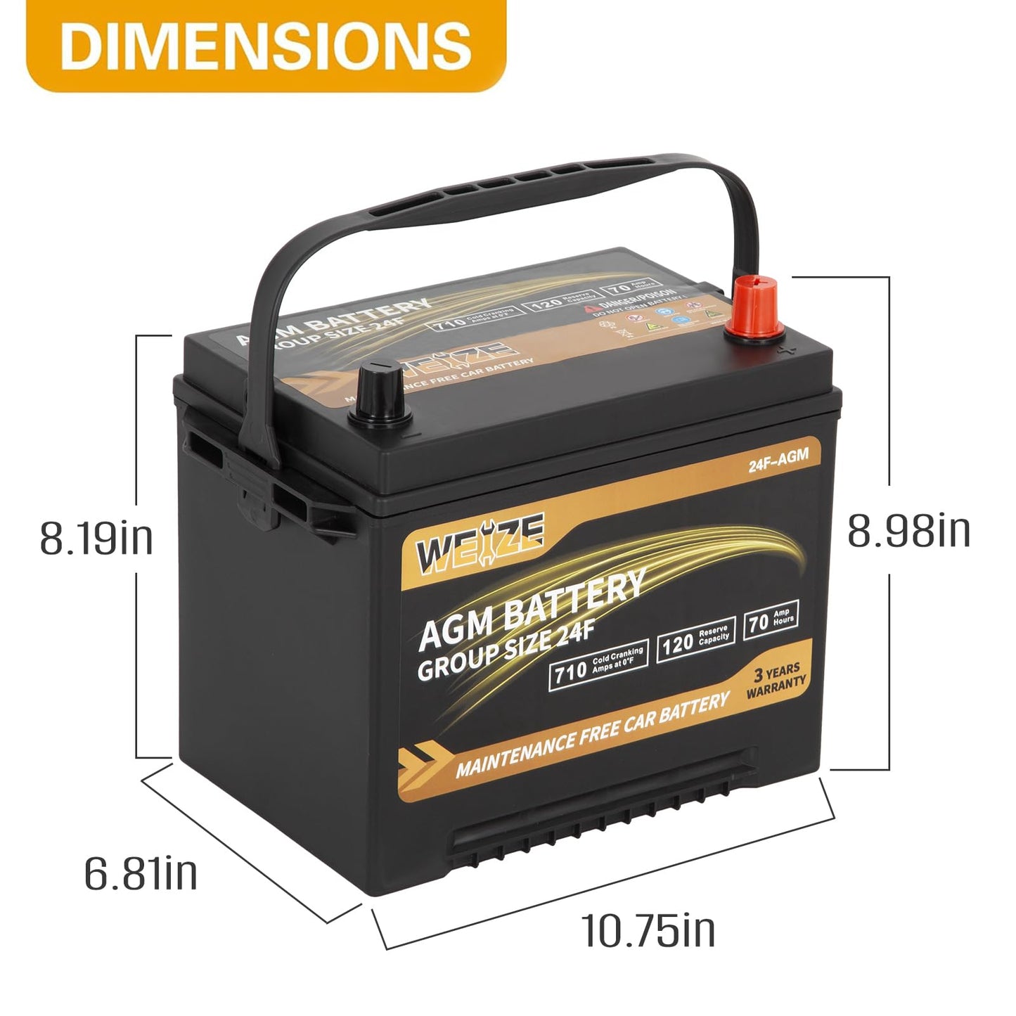 Weize Platinum AGM Battery BCI Group 24F Automotive Battery, 120RC, 710CCA, 36 Months Warranty, Dimensions 10.75" L x 6.81" W x 8.98" H