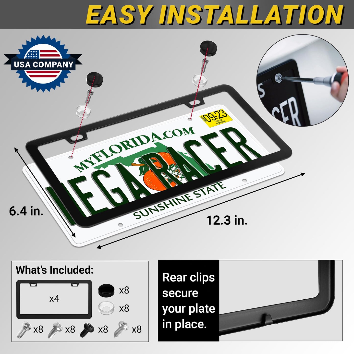 Premium Slim Matte Black License Plate Frames – Best Value 4 Pack, Rust-Free Stainless Steel & Rattle-Free, Street Legal, Universal with Screw Caps, Thin Edged Metal Front & Rear Car Tag Holders