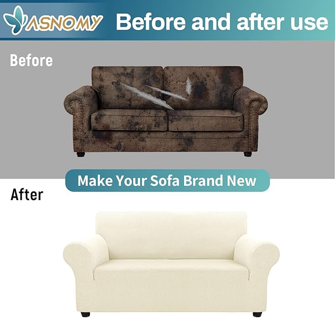Asnomy Sofa Covers for 2 Cushion Couch Stretch loveseat Covers Slipcovers, Pet Protector Furniture Covers for Dogs Cats Spandex Jacquard Fabric Small Checks （Medium，Off-White）