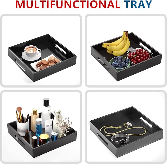 KOTEMON Acrylic Serving Tray with Handles-12x12x2.36Inch-Decorative Tray Letter Tray Organizer for Ottoman Coffee Table Countertop, Black