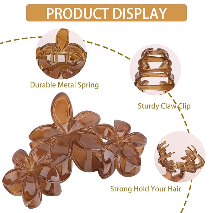 ANBALA 4Pcs Flower Hair Clips for Women Girls Neutral Color Hawaiian Flower Claw Clips for Thick Hair Non Slip Strong Hold Beach Accessories