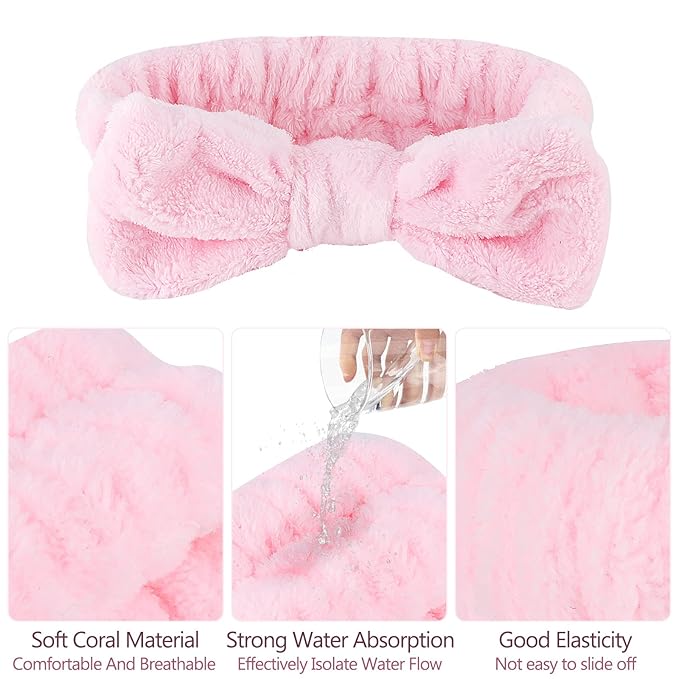 Casoty 6 Pcs Pink Spa Headband and Wristband Set, Microfiber Material, Strong Elasticity, Wide Application for Makeup, Yoga, Reading, Work, Halloween Costume, Pajama Parties, Mother's Day Gift