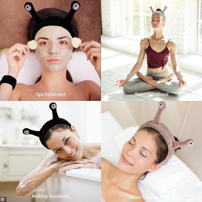 SuPoo 9 Pcs Skincare Headbands Set - Snail Spa Headband, Alien Headband, Face Wash Wristbands, Cute Makeup Hair Band for Washing Face and Shower