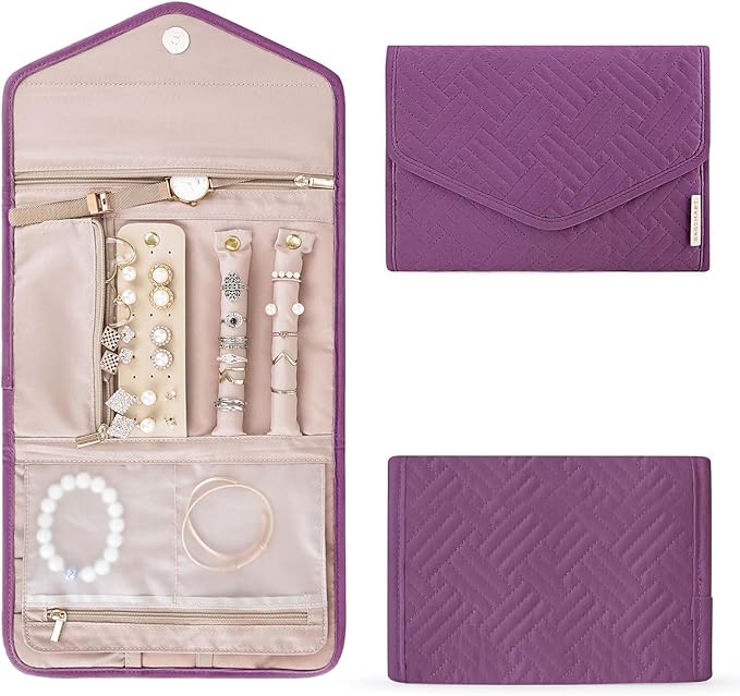 BAGSMART Travel Jewelry Organizer Roll Foldable Jewelry Case for Journey-Rings, Necklaces, Bracelets, Earrings,Purple