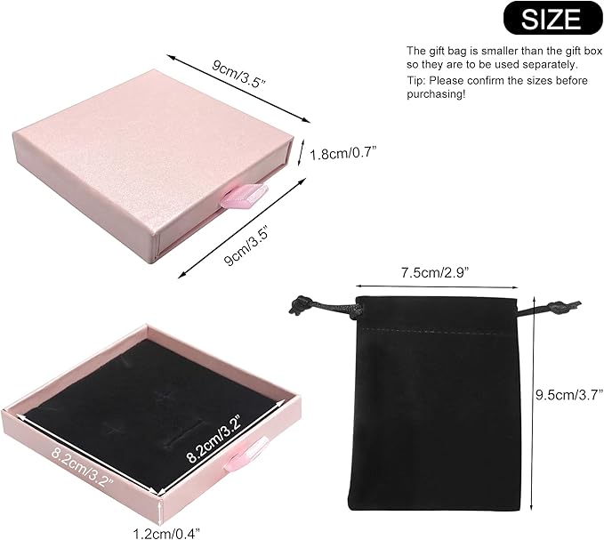 Quacc Small Jewelry Gift Box and Velvet Bag, Necklace Bracelet Earring Cardboard Organizer Square Jewellery Gift Box Pendent Storage Case for Birthday Xmas Christmas Wrapping (Pink)