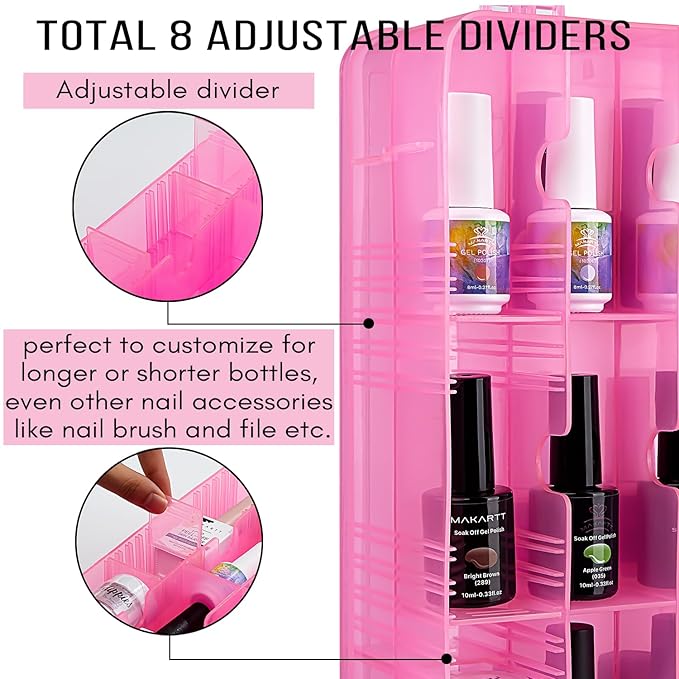 Makartt Nail Polish Organizer, Pink Acrylic Portable Storage Case Holder for 48 Bottles, with 8 Adjustable Dividers, Space-Saving & Colors Display