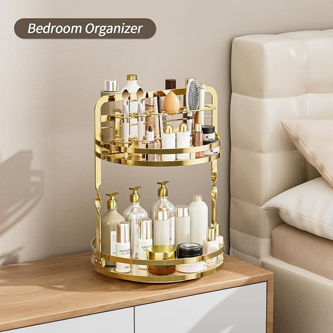 360ÃÂ° Rotating Makeup Organizer, 2-Tier Gold Perfume Organizer for Dresser, Bathroom Organizers Countertop, Perfume Shelf with Makeup Brush Holder, Skincare Holder Cosmetic Display(Gold)
