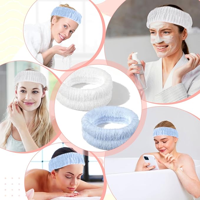 2Pcs Spa Headband, Make Up Headband Hair Head Band for Face Washing Hair Bands Men Absorbent Elastic Skin Care Head Band Wrap for Women Yoga Sports Shower Exercise (Blue, White)