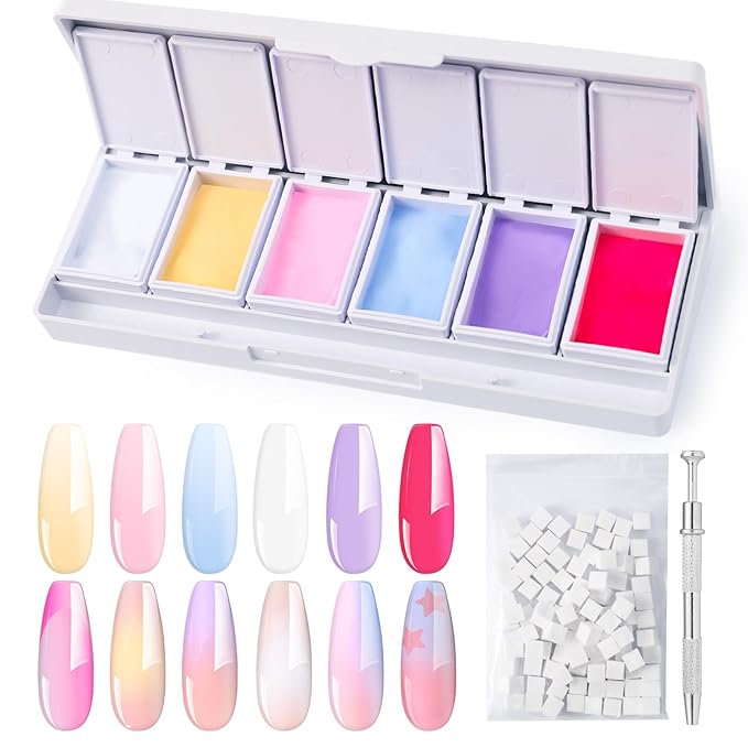 MelodySusie Gradient Painting Gel, 6 Colors Spring Summer Ombre Gel Polish with 100 Sponges&Metal Grabber Set for Aura Nails, French Manicure, No Wipe, Soak Off UV, DIY Nail Art Palette Macaron Pink